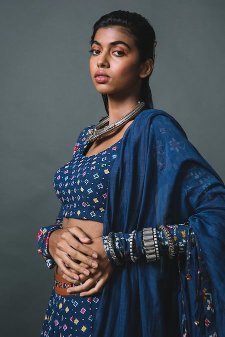 Buy Sonam Luthria Blue Crepe Geometric Print, Studs Embroidery Scoop Neck Lehenga Set  Online at Aza Fashions Buy_Sonam Luthria_Blue Crepe Geometric Print, Studs Embroidery Scoop Neck Lehenga Set _Online_at_Aza_Fashions
