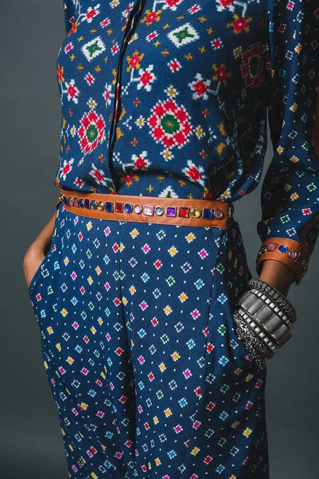 Sonam Luthria_Blue Crepe Studs Shirt Collar And Embroidered Waist Polo Pant Set_Online_at_Aza_Fashions