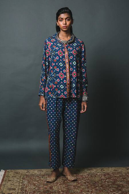 Buy_Sonam Luthria_Blue Crepe Studs Shirt Collar Patola Pattern And Pant Set_Online_at_Aza_Fashions