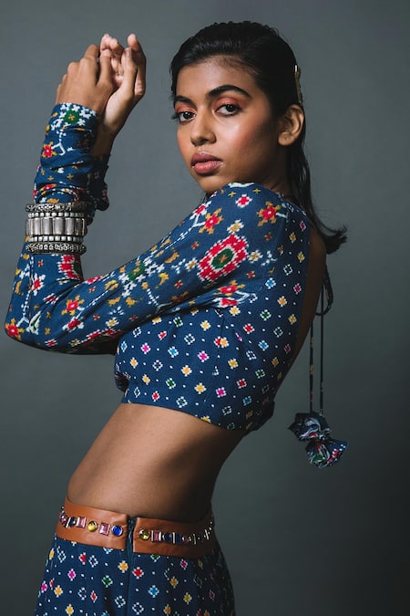 Shop Sonam Luthria Blue Crepe Geometric Print, Studs Embroidery Scoop Neck Lehenga Set  Online at Aza Fashions Shop_Sonam Luthria_Blue Crepe Geometric Print, Studs Embroidery Scoop Neck Lehenga Set _Online_at_Aza_Fashions