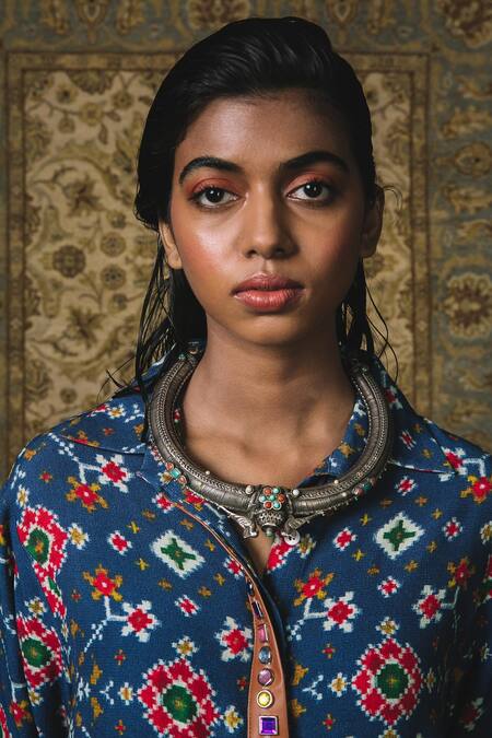 Shop_Sonam Luthria_Blue Crepe Studs Shirt Collar Patola Pattern And Pant Set_Online_at_Aza_Fashions