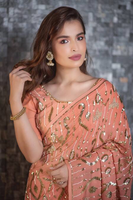 Buy_Ruar India_Peach Chiffon Embroidered Saree With Blouse _Online_at_Aza_Fashions