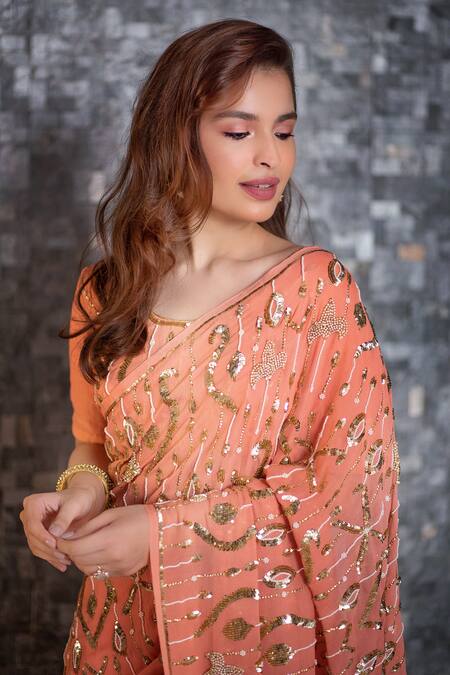 Shop_Ruar India_Peach Chiffon Embroidered Saree With Blouse _Online_at_Aza_Fashions