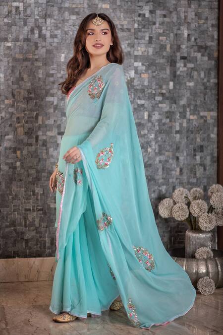 Ruar India_Blue Chiffon Embroidered Saree With Blouse _Online_at_Aza_Fashions