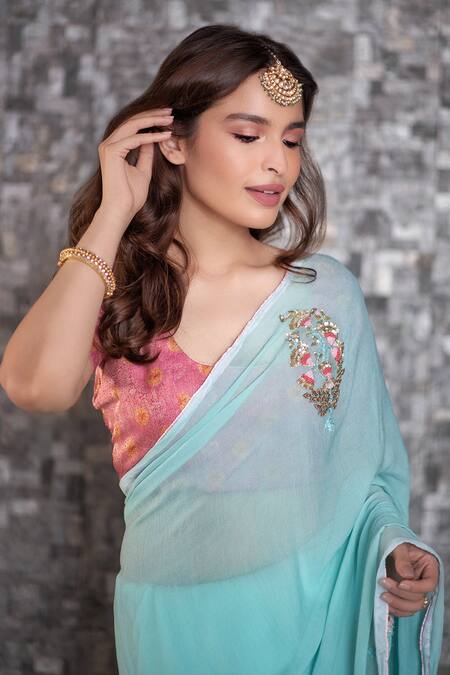 Buy_Ruar India_Blue Chiffon Embroidered Saree With Blouse _Online_at_Aza_Fashions