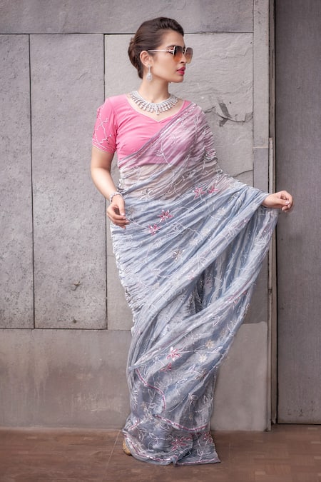 Shop_Ruar India_Grey Tissue Embroidered Saree With Blouse _at_Aza_Fashions