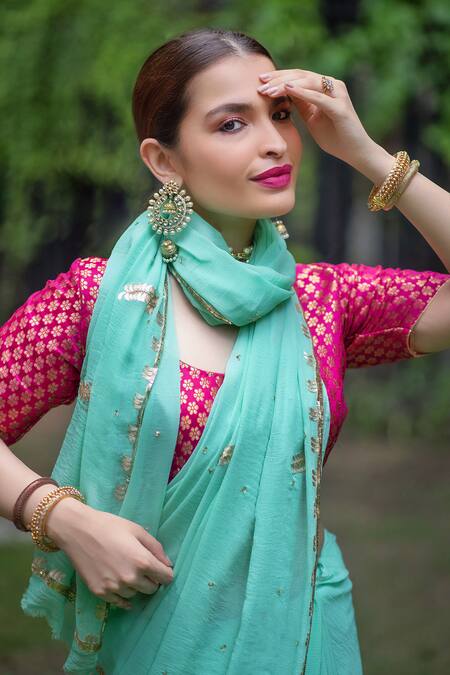 Ruar India_Green Chiffon Embroidered Saree With Blouse _Online_at_Aza_Fashions