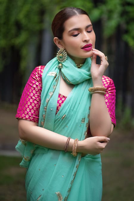 Buy_Ruar India_Green Chiffon Embroidered Saree With Blouse _Online_at_Aza_Fashions