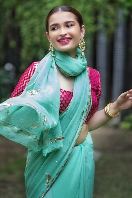 Shop_Ruar India_Green Chiffon Embroidered Saree With Blouse _Online_at_Aza_Fashions