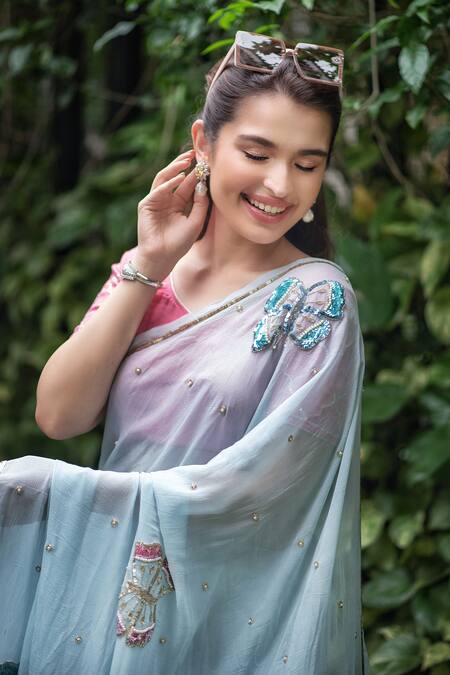 Shop_Ruar India_Blue Chiffon Embroidered Saree With Blouse _Online_at_Aza_Fashions