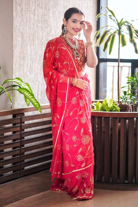 Ruar India_Red Chiffon Round Embroidered Saree With Blouse _Online_at_Aza_Fashions