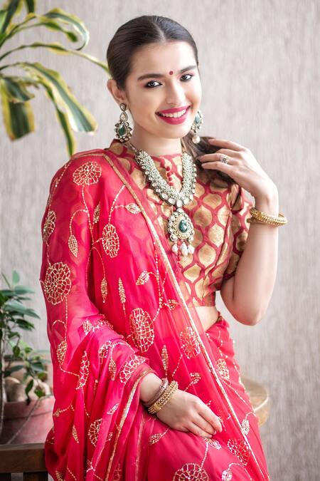 Buy_Ruar India_Red Chiffon Round Embroidered Saree With Blouse _Online_at_Aza_Fashions