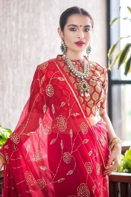 Shop_Ruar India_Red Chiffon Round Embroidered Saree With Blouse _Online_at_Aza_Fashions