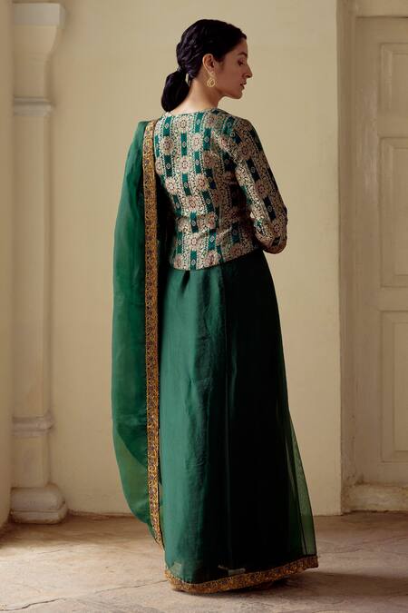 Shop Mimamsaa Green Blouse Satin Brocade, Saree Organza Padmini With Corset at Aza Fashions Shop_Mimamsaa_Green Blouse Satin Brocade, Saree Organza Padmini With Corset_at_Aza_Fashions
