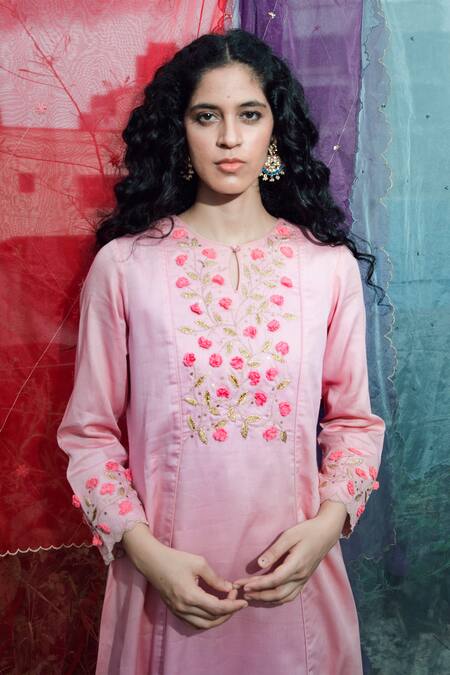 Buy_Asaga_Pink Anarkali Chanderi Silk, Cotton Pant Mul Cotton Dupatta Organza Set _Online_at_Aza_Fashions