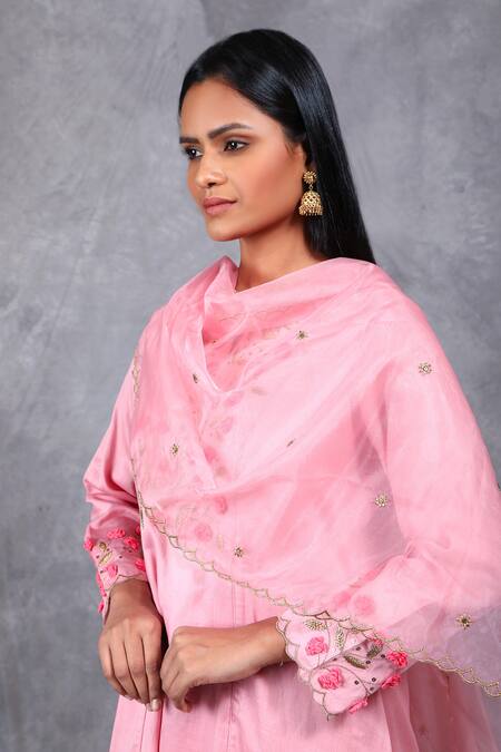 Shop_Asaga_Pink Anarkali Chanderi Silk, Cotton Pant Mul Cotton Dupatta Organza Set _Online_at_Aza_Fashions