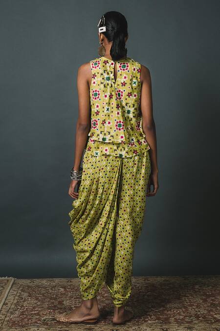 Shop_Sonam Luthria_Green Crepe Embroidery Tassels Patola Pattern Top And Dhoti Pant Set  _at_Aza_Fashions