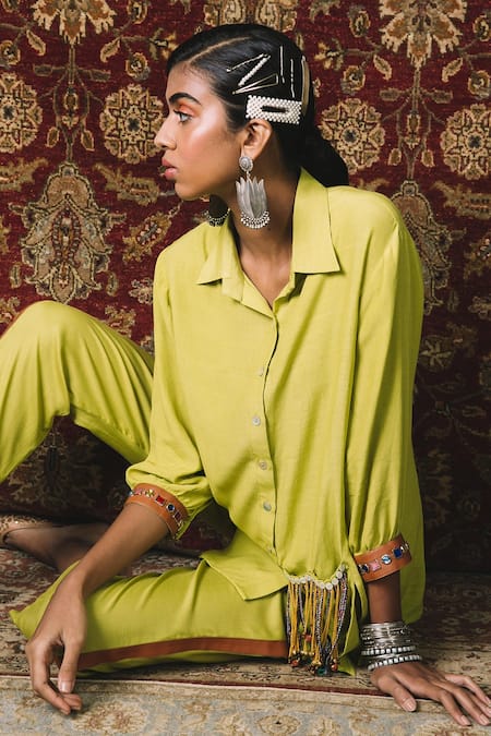Sonam Luthria Yellow Crepe Studs Leather Detailing, Tassels Embellished Pocket And Pant Set Online at Aza Fashions Sonam Luthria_Yellow Crepe Studs Leather Detailing, Tassels Embellished Pocket And Pant Set_Online_at_Aza_Fashions