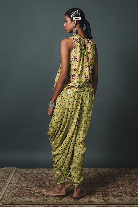 Sonam Luthria_Green Crepe Embroidery Tassels Patola Pattern Top And Dhoti Pant Set  _Online_at_Aza_Fashions