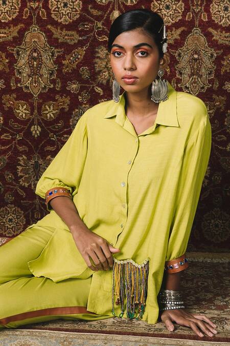 Buy Sonam Luthria Yellow Crepe Studs Leather Detailing, Tassels Embellished Pocket And Pant Set Online at Aza Fashions Buy_Sonam Luthria_Yellow Crepe Studs Leather Detailing, Tassels Embellished Pocket And Pant Set_Online_at_Aza_Fashions