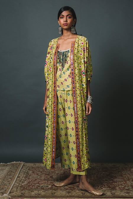 Sonam Luthria_Green Crepe Studs, Patola Cape Open, Top Scoop Print Kaftan Pant Set_Online_at_Aza_Fashions
