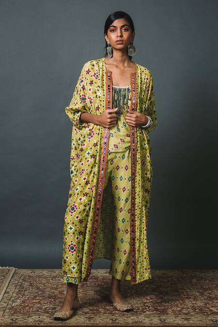 Buy_Sonam Luthria_Green Crepe Studs, Patola Cape Open, Top Scoop Print Kaftan Pant Set_Online_at_Aza_Fashions