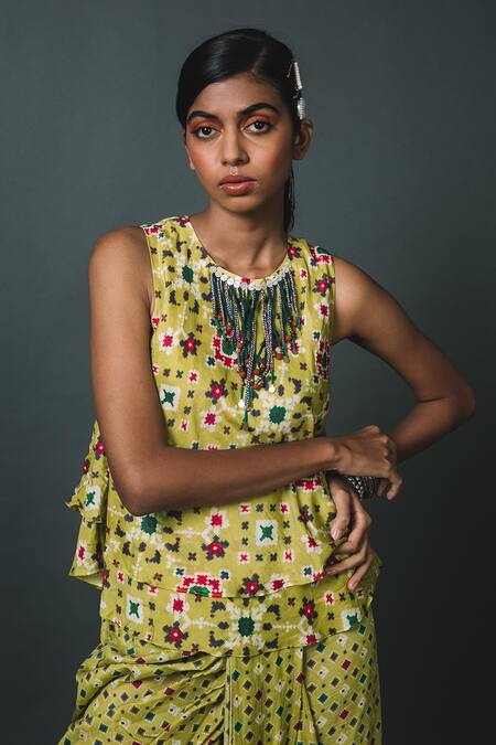 Shop_Sonam Luthria_Green Crepe Embroidery Tassels Patola Pattern Top And Dhoti Pant Set  _Online_at_Aza_Fashions