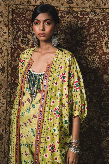 Shop_Sonam Luthria_Green Crepe Studs, Patola Cape Open, Top Scoop Print Kaftan Pant Set_Online_at_Aza_Fashions