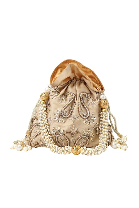 Shop The Purple Sack Gold Embroidery, Beads Hand Potli Bag at Aza Fashions Shop_The Purple Sack_Gold Embroidery, Beads Hand Potli Bag _at_Aza_Fashions