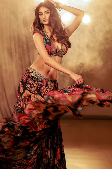 Rajat K Tangri_Multi Color 100% Cotton Boho Geometric Pattern Printed Tiered Lehenga Cape Set _Online_at_Aza_Fashions