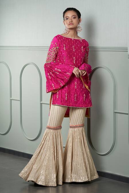 Qbik_Pink 40 Grams Banarasi Silk Embroidery Boat Kurta Set_Online_at_Aza_Fashions