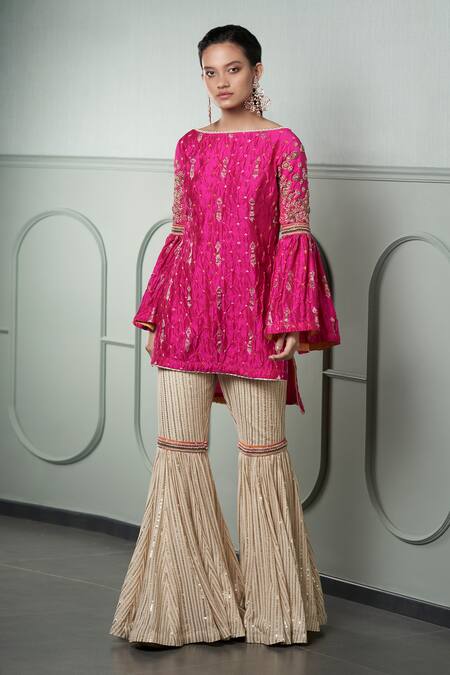 Buy_Qbik_Pink 40 Grams Banarasi Silk Embroidery Boat Kurta Set_Online_at_Aza_Fashions