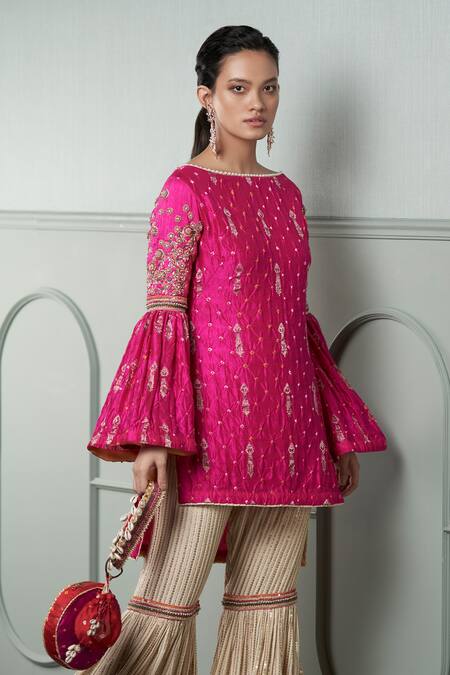 Shop_Qbik_Pink 40 Grams Banarasi Silk Embroidery Boat Kurta Set_Online_at_Aza_Fashions