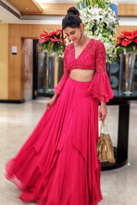 Shop Ridhi Mehra Pink Chiffon V Neck Embroidered Lehenga Set at Aza Fashions Shop_Ridhi Mehra_Pink Chiffon V Neck Embroidered Lehenga Set _at_Aza_Fashions