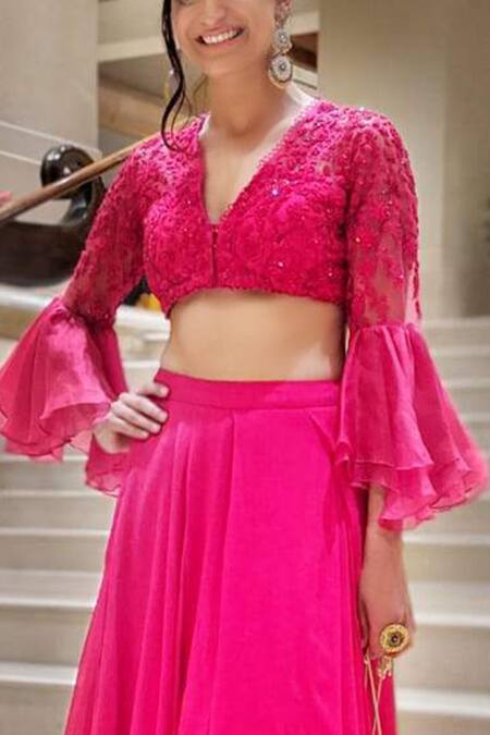 Buy Ridhi Mehra Pink Chiffon V Neck Embroidered Lehenga Set Online at Aza Fashions Buy_Ridhi Mehra_Pink Chiffon V Neck Embroidered Lehenga Set _Online_at_Aza_Fashions