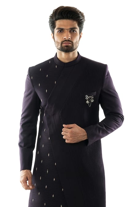 Paarsh Purple Terrycot Overlap Sherwani Set 