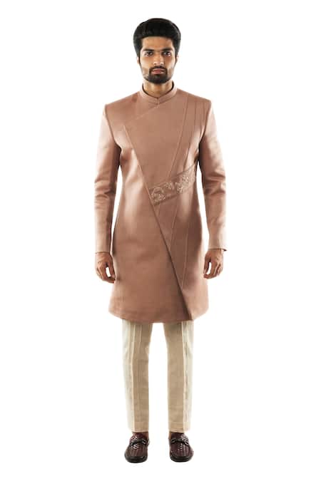 Buy_PAARSH_Peach Cotton, Linen Satin Overlap Sherwani Set _Online_at_Aza_Fashions