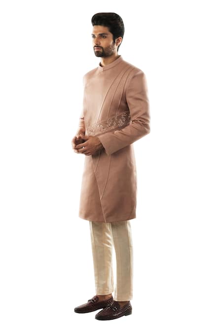 PAARSH_Peach Cotton, Linen Satin Overlap Sherwani Set _Online_at_Aza_Fashions