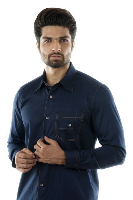 Smriti By Anju Agarwal Blue Egyptian Giza Cotton Spread Collar Shirt Online at Aza Fashions Smriti By Anju Agarwal_Blue Egyptian Giza Cotton Spread Collar Shirt_Online_at_Aza_Fashions