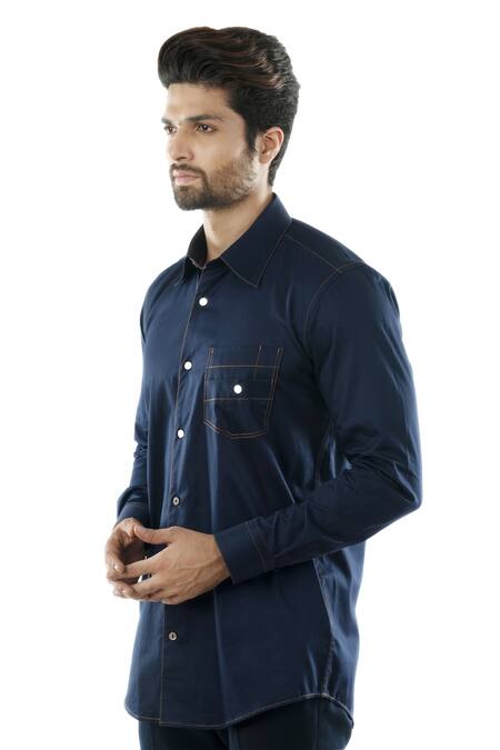 Shop Smriti By Anju Agarwal Blue Egyptian Giza Cotton Spread Collar Shirt at Aza Fashions Shop_Smriti By Anju Agarwal_Blue Egyptian Giza Cotton Spread Collar Shirt_at_Aza_Fashions