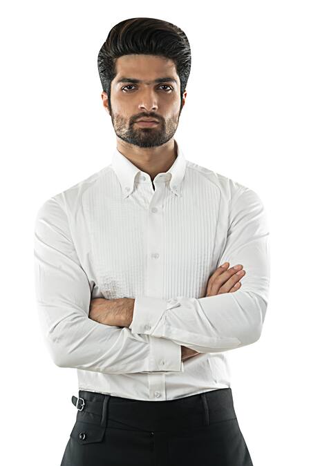 Shop Smriti By Anju Agarwal White Egyptian Giza Cotton Pintuck Shirt at Aza Fashions Shop_Smriti By Anju Agarwal_White Egyptian Giza Cotton Pintuck Shirt_at_Aza_Fashions