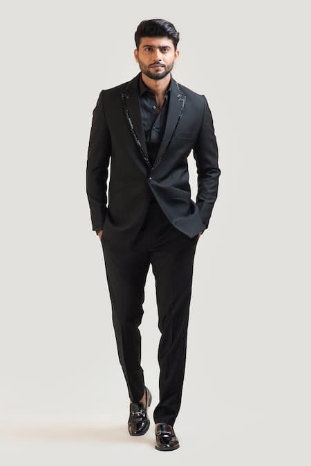 Buy_PAARSH_Black Tricot Embroidered Blazer And Pant _Online_at_Aza_Fashions