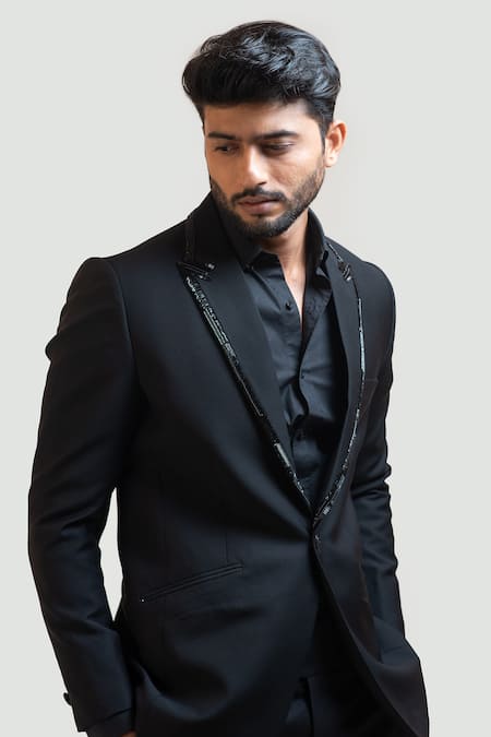 Paarsh - Black Tricot Embroidered Blazer Set For Men
