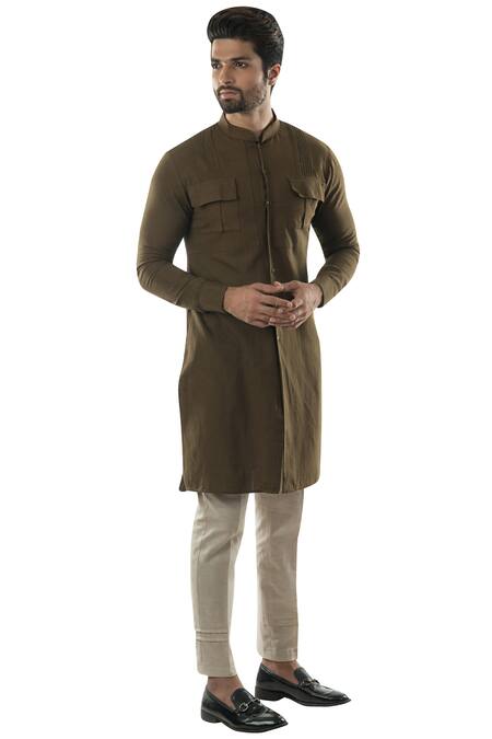 PAARSH_Green , Cotton Pintuck Kurta Set _Online_at_Aza_Fashions