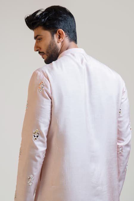 Buy_PAARSH_Pink Kurta Bam Silk Pant Malai Cotton Embellished Set_Online_at_Aza_Fashions