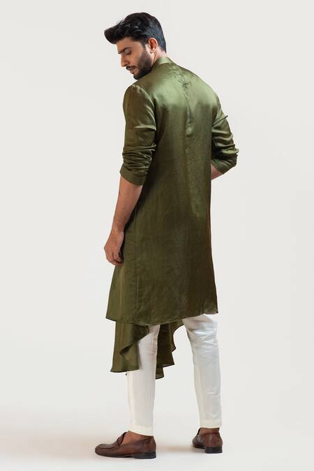 Shop_PAARSH_Beige Kurta Linen Satin Pant Malai Cotton Asymmetric Draped And Set _at_Aza_Fashions