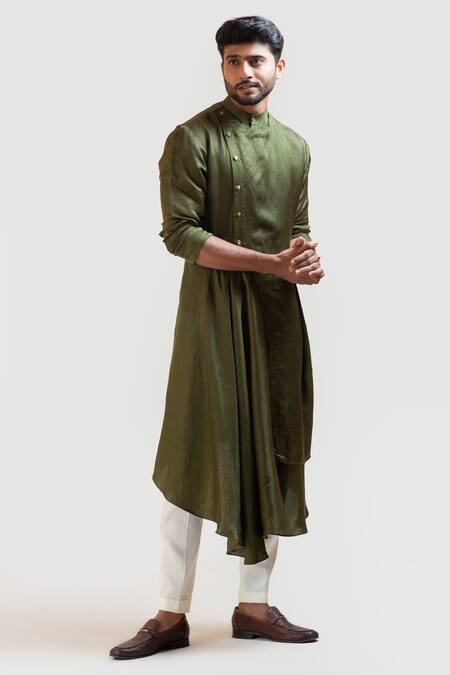 PAARSH_Beige Kurta Linen Satin Pant Malai Cotton Asymmetric Draped And Set _Online_at_Aza_Fashions