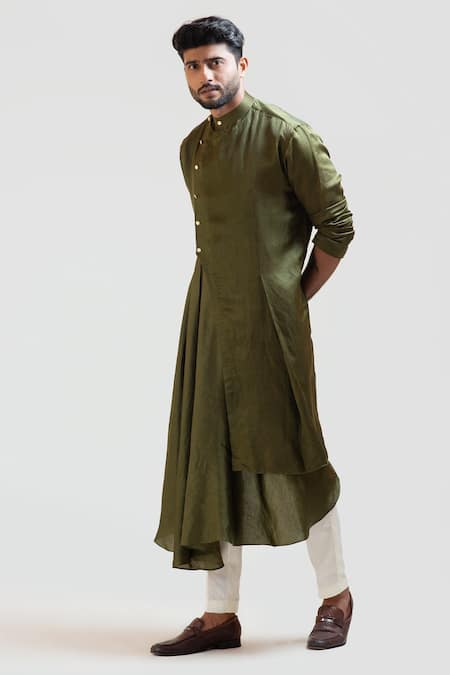 Buy_PAARSH_Beige Kurta Linen Satin Pant Malai Cotton Asymmetric Draped And Set _Online_at_Aza_Fashions