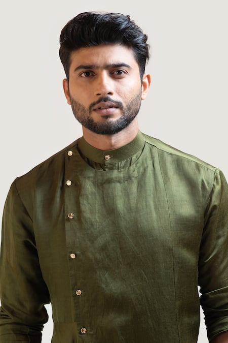 Shop_PAARSH_Beige Kurta Linen Satin Pant Malai Cotton Asymmetric Draped And Set _Online_at_Aza_Fashions