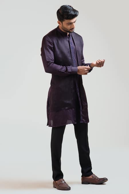 PAARSH_Black Kurta Linen Satin Pant Malai Cotton Embroidered And Set_Online_at_Aza_Fashions